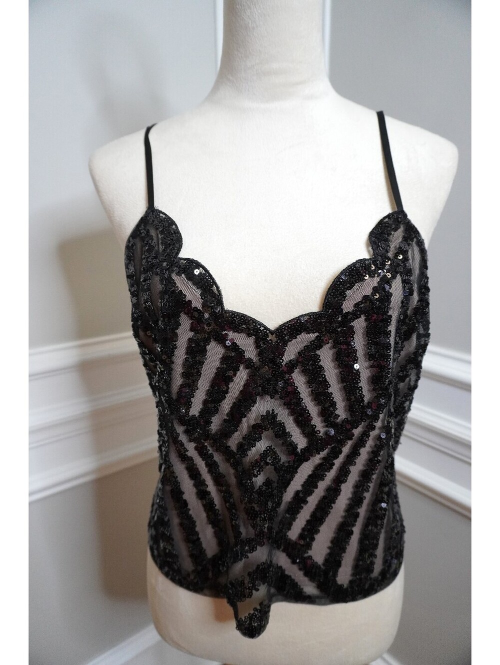Express Black Sequin Embellished Sheer Camisole Top, Medium